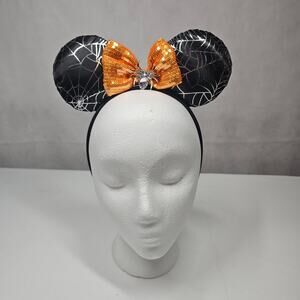 Disney Halloween Minnie Mouse Ears Headband Black Orange Spider Web Rhinestones
